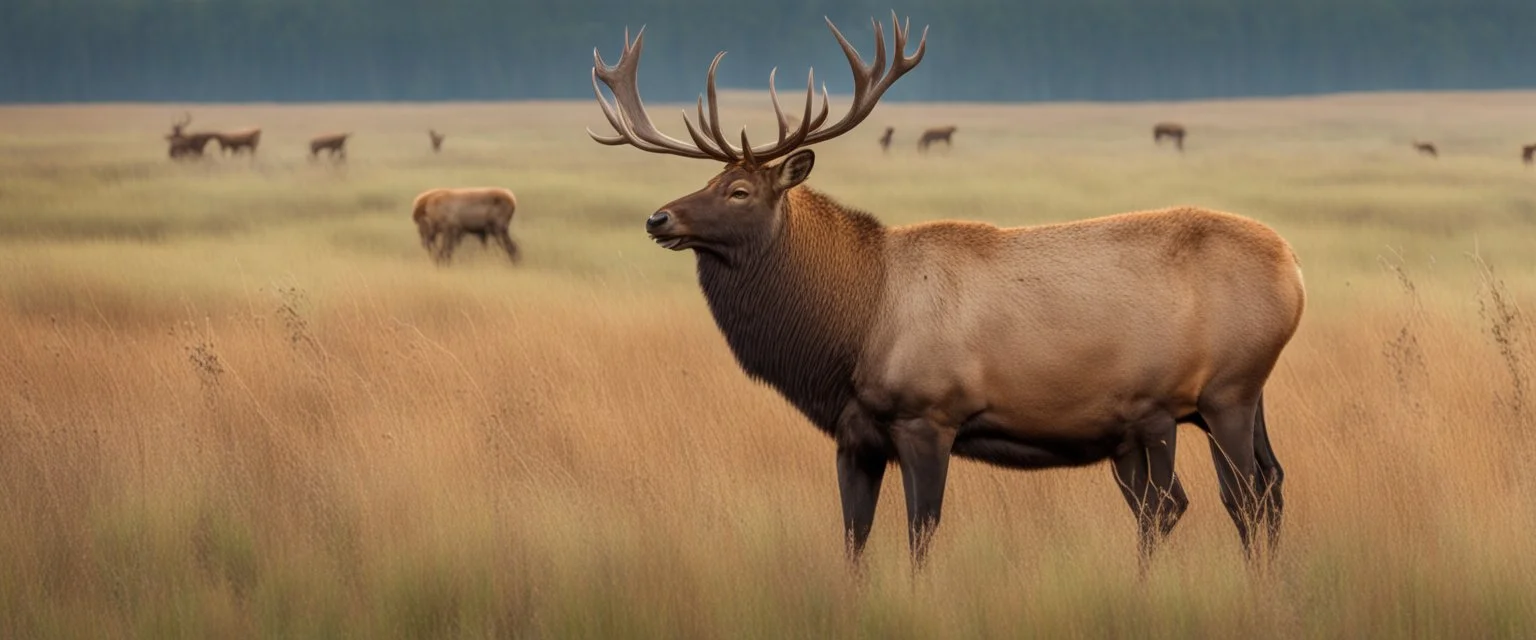 regal pose of Elk in a prairie field, wild grasses and bushes in corners of foreground