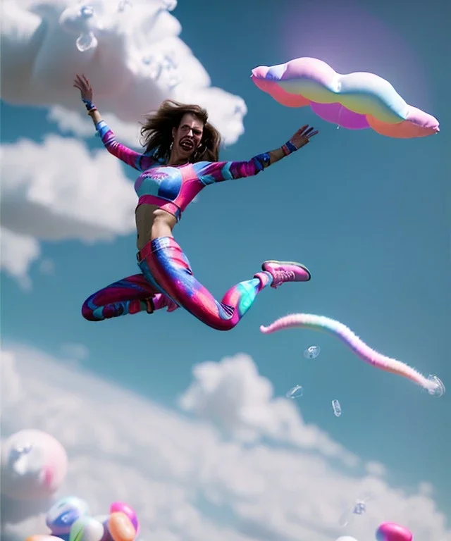 Ultra realistic speed clouds sky scene, wide angle view, sweet women falling down, inflatable color clothing, free jumping flying, many trinkets, hair monster, many jelly beans, balls, color smoke, smile, happy, circus style, extreme, wind, clouds sea, 20,000 feet altitude, stratosphere, soft color, highly detailed, unreal engine 5, ray tracing, RTX, lumen lighting, ultra detail, volumetric lighting, 3d, finely drawn, high definition, high resolution.