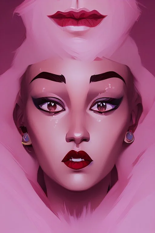 Minimalistic portrait of a beautiful woman with red lips and cold big eyes wearing earrings, a light pink fur coat in a haute couture style isolated on a dark background, cinematic lighting, ultra-realistic, shot in the style of hasselblad