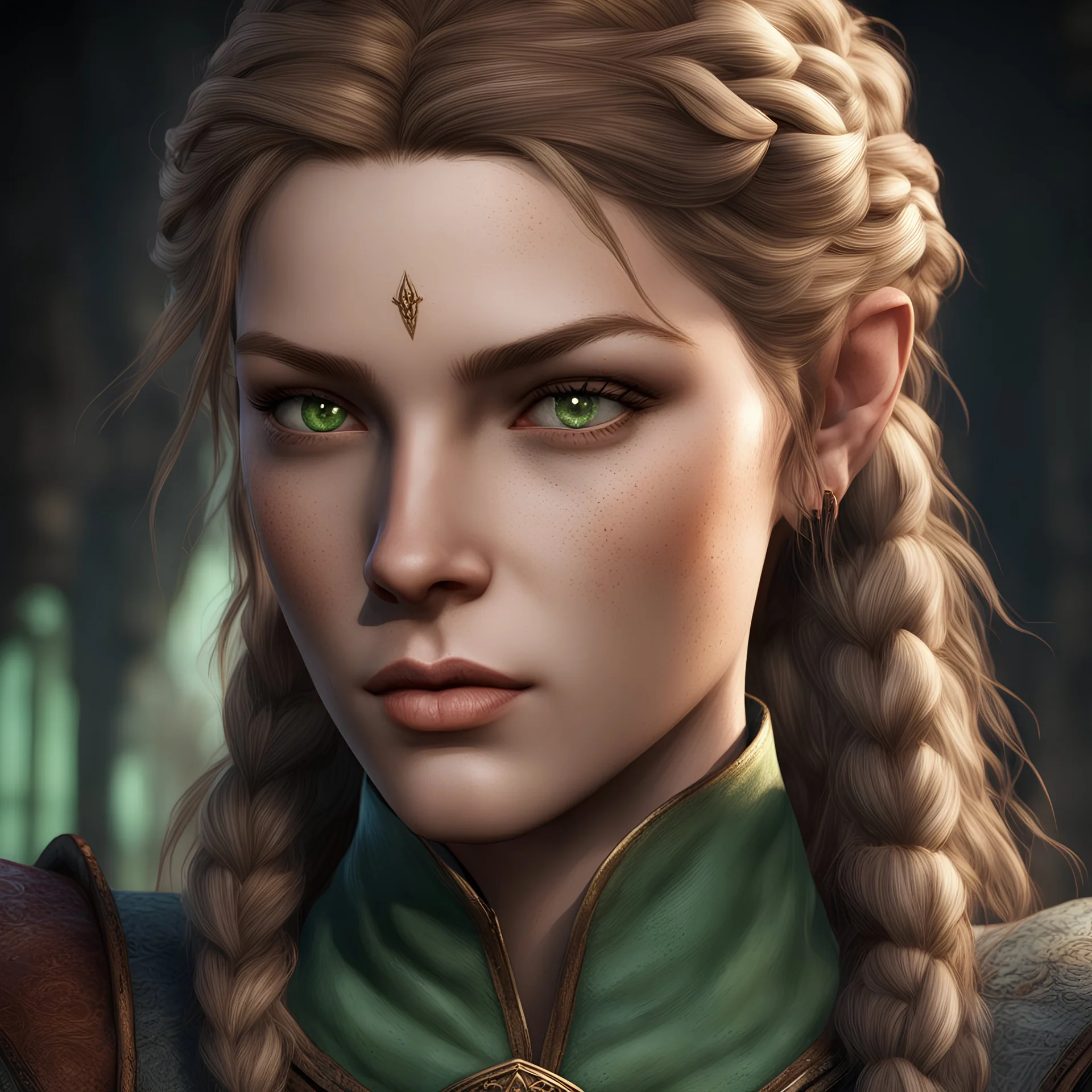 face portrait of a baldur's gate 3 female character. she has a beautiful face. she has a youthful face. she has a small, plump mouth. she has long, wavy, light brown hair. she is a sorcerer. she is human. she has light green eyes. she has some freckles. she has some braids in her hair in a half updo. she has a round face.