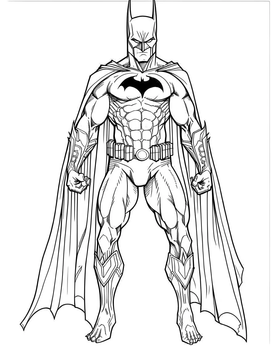 batman, coloring page, no leaves, full body (((((white background))))), only use an outline., real style, line art, white color, clean line art, white background, Sketch style