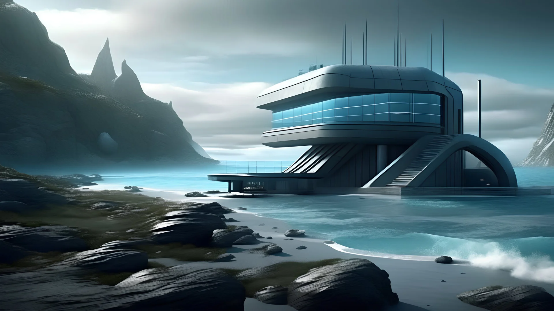 futuristic base, nearby ocean