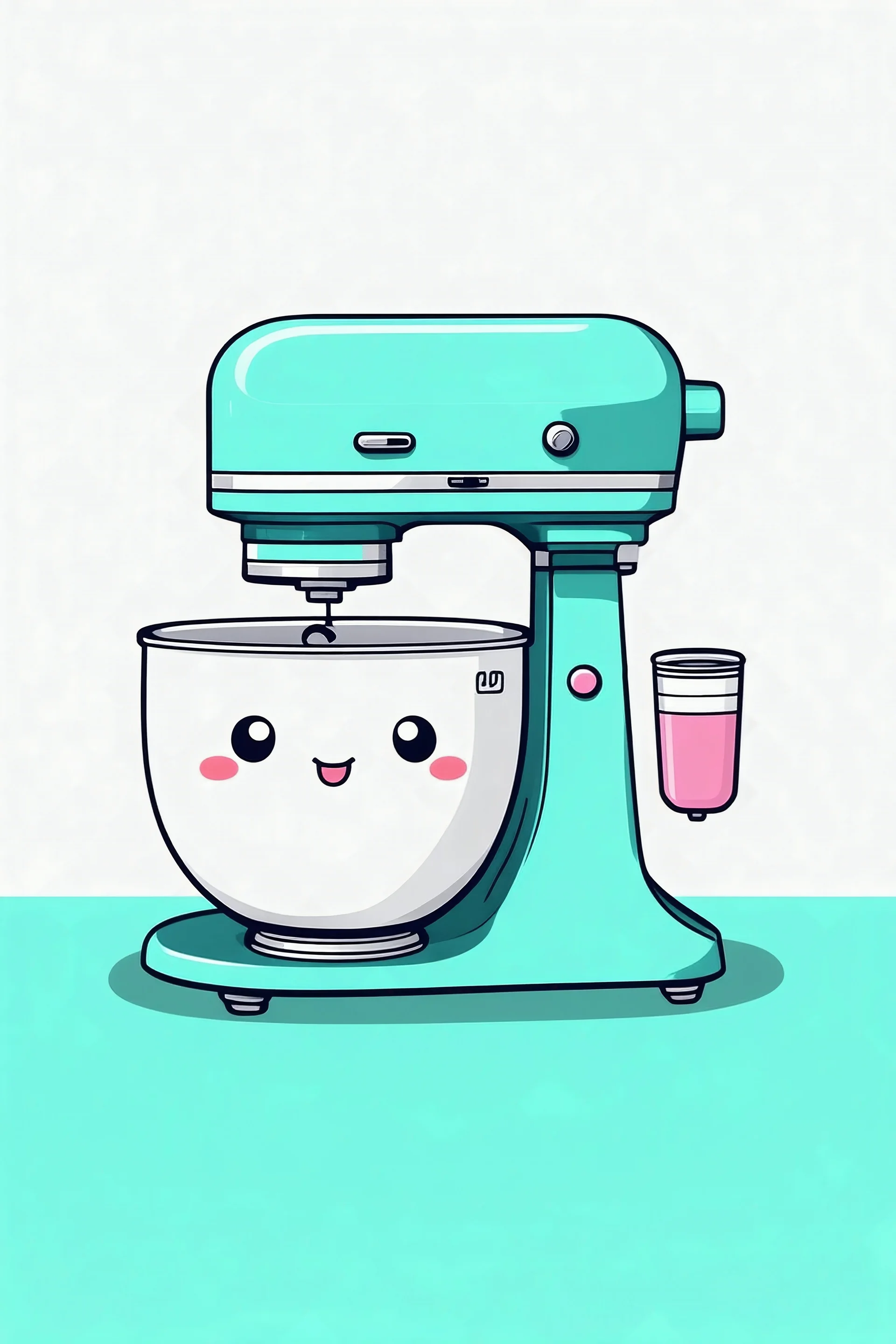 retro cartoon mixer with a cute kawaii face on the bowl , clear crisp thin outline SVG vector flat icon logo style illustration, minimalistic, solid pastel, clipart, white background