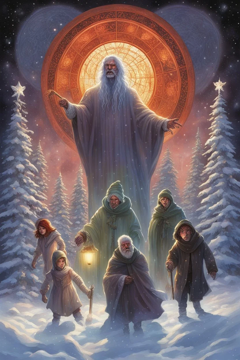 Book cover art for cosmic horror collection of Winter solstice and Christmas stories, titled "A CAROL DARKLY", existential dread, chiaroscuro, by Drew Struzan, by Derek Riggs..