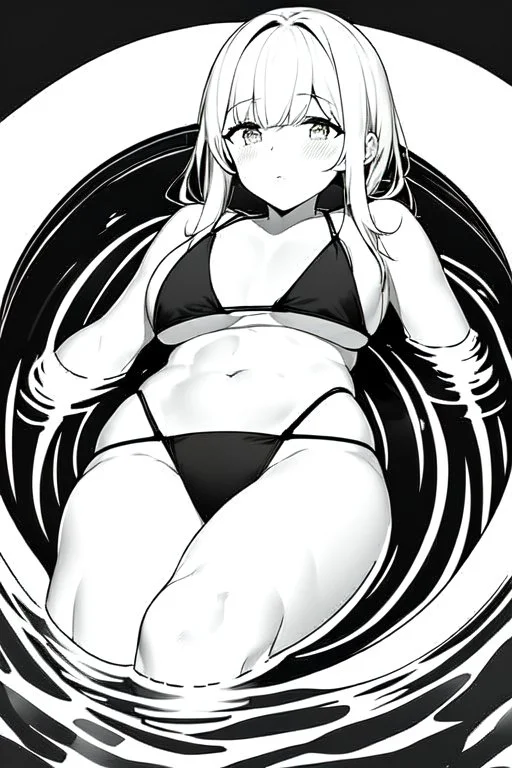 slim girl in a bikini floats in the water, top view, greyscale