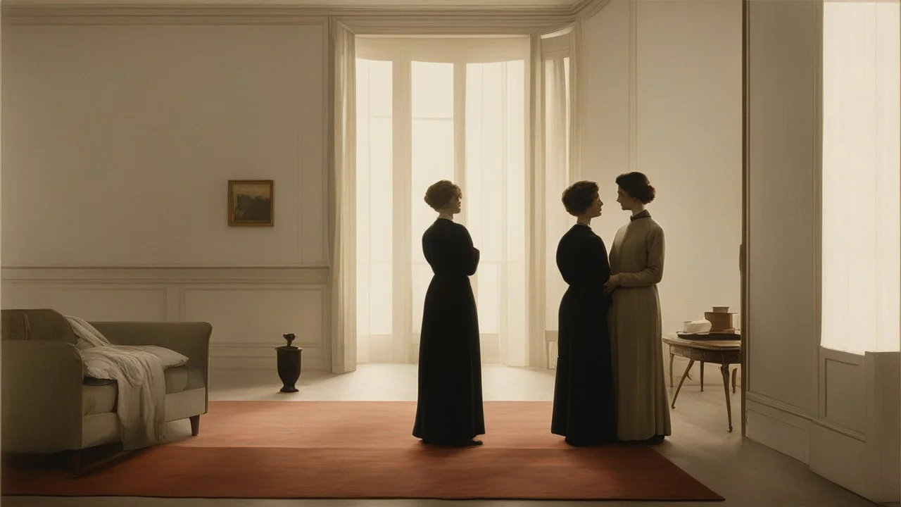 Two figures standing close in a softly lit room, early 20th-century Viennese apartment, minimal furnishings, subdued colors, faces turned slightly away from each other, shared silence more important than gesture, emotional intensity held in restraint, sense of ethical and emotional experimentation, intimacy without sentimentality, modernist tone, delicate balance between closeness and distance