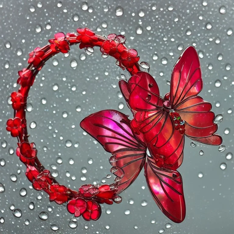 Прозрачная Бабочка из воды и букет венок красные стеклянные цветы в жемчужном сиянии капли дождя