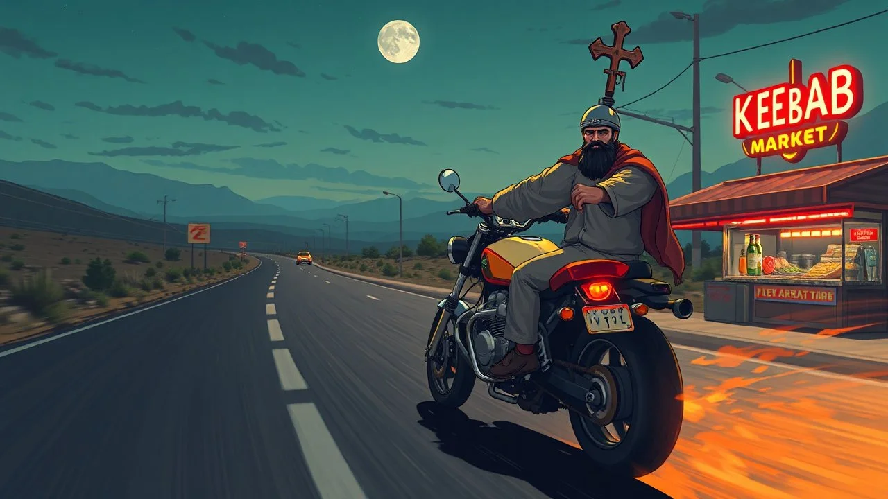 The kebab man driving fast on his holy motorcycle, fire from the exhaust, holy widescreen picture, holy empty road on the holy country at night, comic style, no helmet and he have a long holy black beard, neon kebab signs along the road, jesus stand at his market stand selling holy kebabs, simon stålenhag style, pixel art