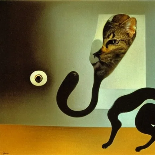 Portrait von einer Katze von Dali mit langer Nase, Wasser im hintergrund