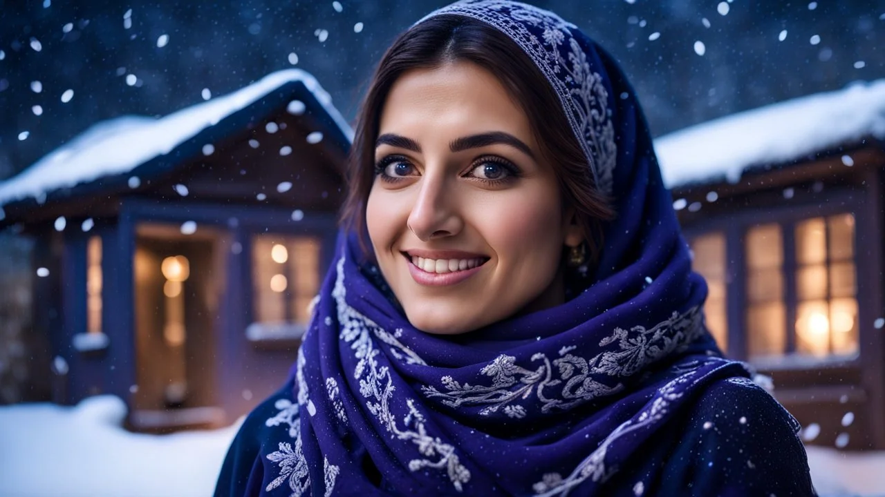 Hyper Realistic Photographic Low-Angle View Of A Beautiful Young Pashto Woman With Beautiful Eyes Lips & Nose (Wearing Beautiful Navy-Blue Frock With Purple Embroidery & White-Wool Scarf With Her Long Black Whirling) Happily Standing & Smiling Outside Her Navy-Blue Village-Style House At Heavy Snowfall Night Showing Dramatic & Cinematic Ambiance.