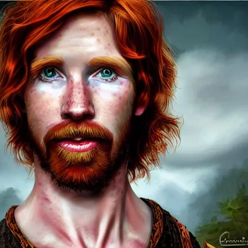 Portrait of young Courtney Gains as a ruggedly handsome, joyful, roguish pirate, charismatic, attractive male, masculine, perfect, precisely detailed clear eyes, unblemished, flawless skin, softly freckled face; meticulously detailed multi-hued ginger carrot-colored cherry fire red hair; fantasy, intricate, elegant, highly detailed, digital painting, concept art, matte, sharp focus, illustration, art by artgerm and greg rutkowski and alphonse mucha