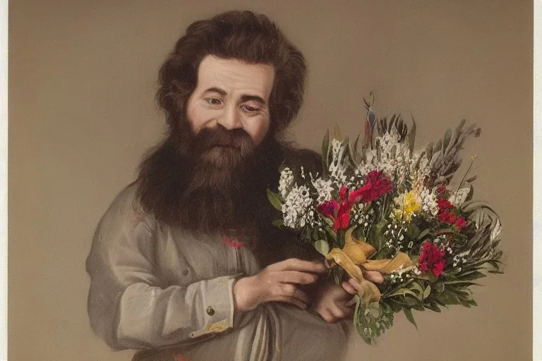 Portrait nain avec une coupe mulet, bouquet de fleur en main, air pervers et amoureux