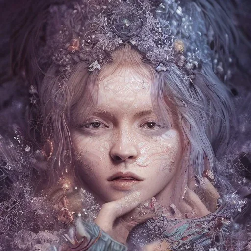 Insanely detailed photograph of an “portrait of gorgeous nordic goddess ” with intricate hair, intricate embroidered dress, beautiful clear face and hyperdetailed painting by Ismail Inceoglu Huang Guangjian and Dan Witz CGSociety ZBrush Central fantasy art album cover art,8K, hdr, romantic, mysterious, ominous, snowflakes, jewelry, comfort, natural eyes, arms open for embrace