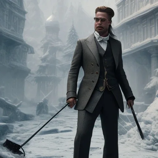 Full body, 3d render, Brad pitt 1800's men style, 1800's hair style, 1800's men clothes style,cleaning house, hyper realistic, octane render, unreal engine 5, 8k, palace background, uhd