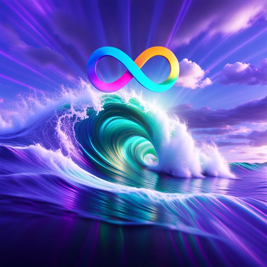 infinity symbol ∞ with vibrant powerful large tidal wave flowing around, striking, light shining through water, dramatic, captivating, powerful, fantasy, beautiful, octane render, 16k post-production, artstation: award-winning: atmospheric: commanding: fantastical: clarity: ultra quality: striking: brilliance: stunning colors: amazing depth; DSLR with a 80mm lens f/16 and a slow shutter speed of 1/15s, realistic photograph
