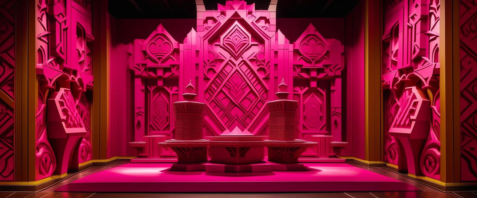 A magenta kingdom with hearts designed in Maori sculptures painted by Frank Lloyd Wright