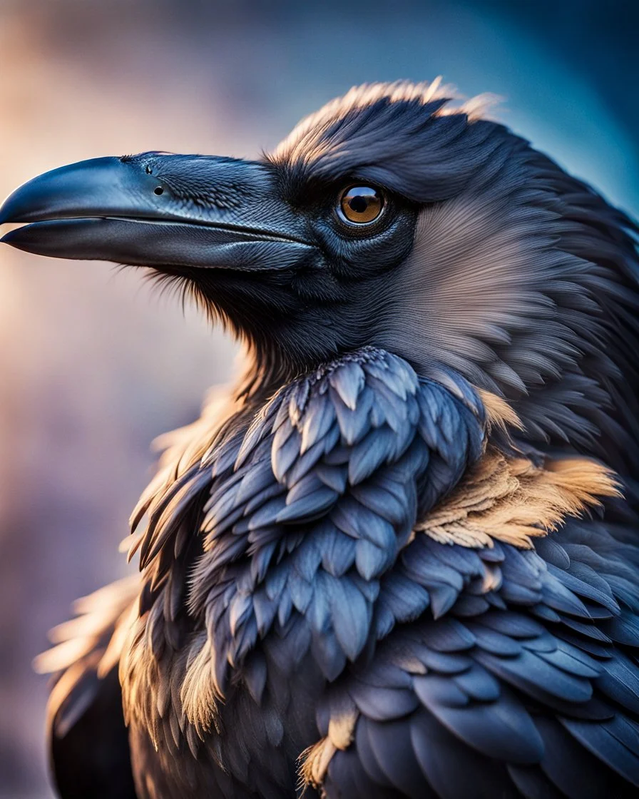 a mesmerizing and vibrant cinematic photograph of a raven in an extreme close-up, positioned in a-profile, showcasing its mysterious demeanor, with some scars on its plumage, slightly ruffled grey feathers underneath, and one of its feathers adorned with an elegant golden detail, as if kissed by sunlight, set against a soft, gradient background that shifts from deep blues to purples, evoking an enchanting atmosphere, with a subtle, cinematic film grain texture, imbuing the image with a sense of