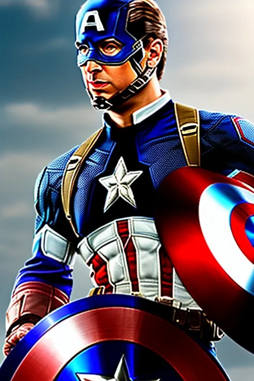 A real realistic picture of Captain America, white skin, medium nose, medium hazel eyes, wavy hair, pink cheeks, full eyebrows, long eyelashes, round face, full lips, smiling face ،A real, realistic picture of a beautiful twenty-year-old carrying a feather, real, realistic, many colors ، The picture is very detailed, as if you could reach out and connect with the two worlds. The paintings are very detailed