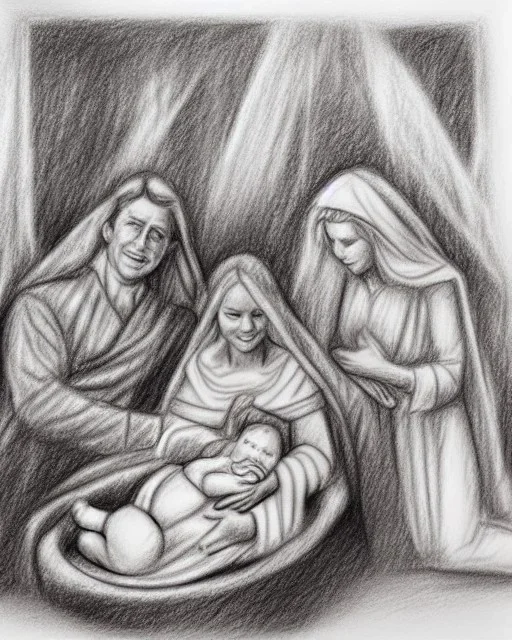 Prince Charles and Camilla in a nativity scene pencil and charcoal sketch