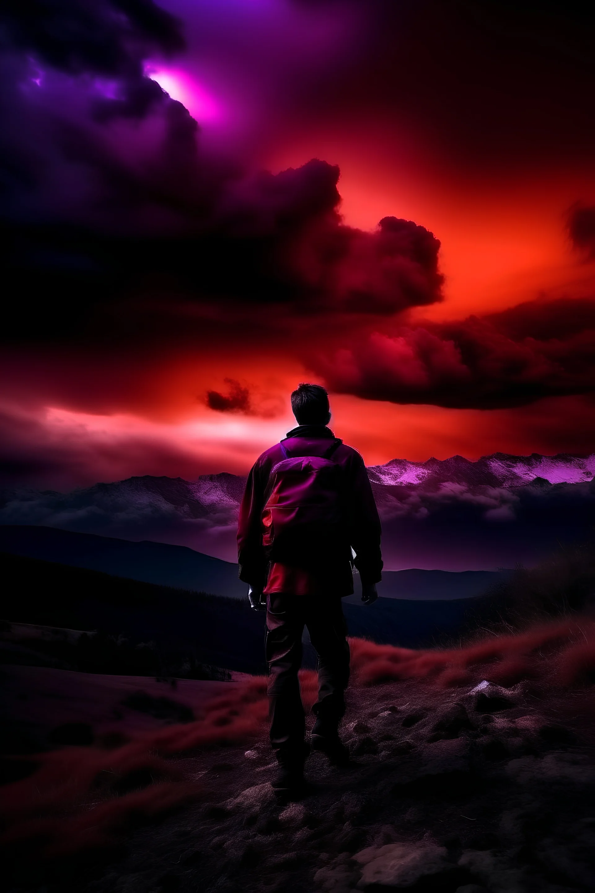 Mountain,red clouds, violet clouds,one man,dark clouds