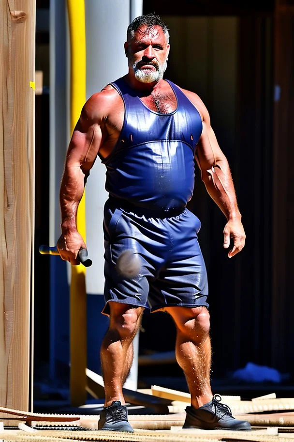 full figure shot photography of a wet sweat beefy and very virile 44-year-old burly turkish construction worker, long beard, in tank top, bulge, works hard very sweaty on a construction site in the sun, underlines the shine of the sweat in the sun's rays and the fatigue of the muscles, manly chest, , big legs, big belly , side view, photorealistic , side light