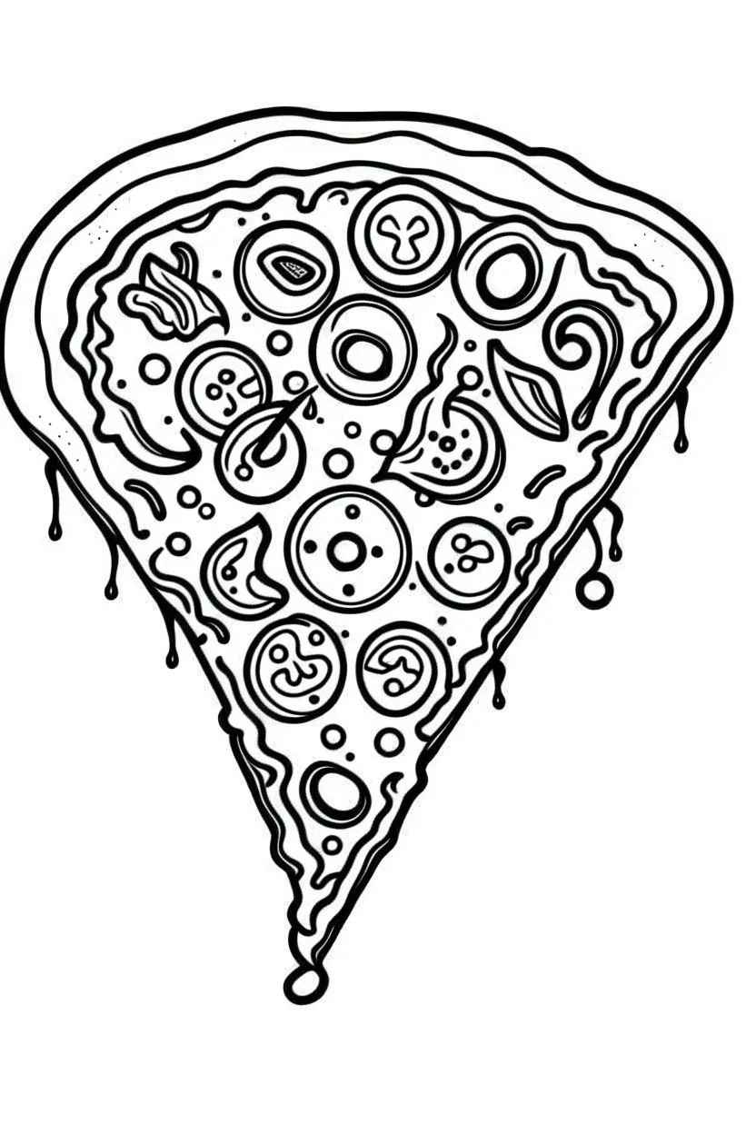 DRAW FOR COLORING OF PIZZA, CARTOON STYLE, LOW DETAILS, THICK LINES, NO SHADING, NO COLOR