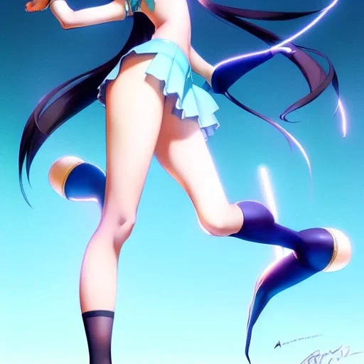 Anime art of beautiful Hatsune miku with beautifel legs by artgerm, ross tran, magali villeneuve, Greg Rutkowski, Gil Elvgren, Alberto Vargas, Earl Moran,, Art Frahm, Enoch Bolles