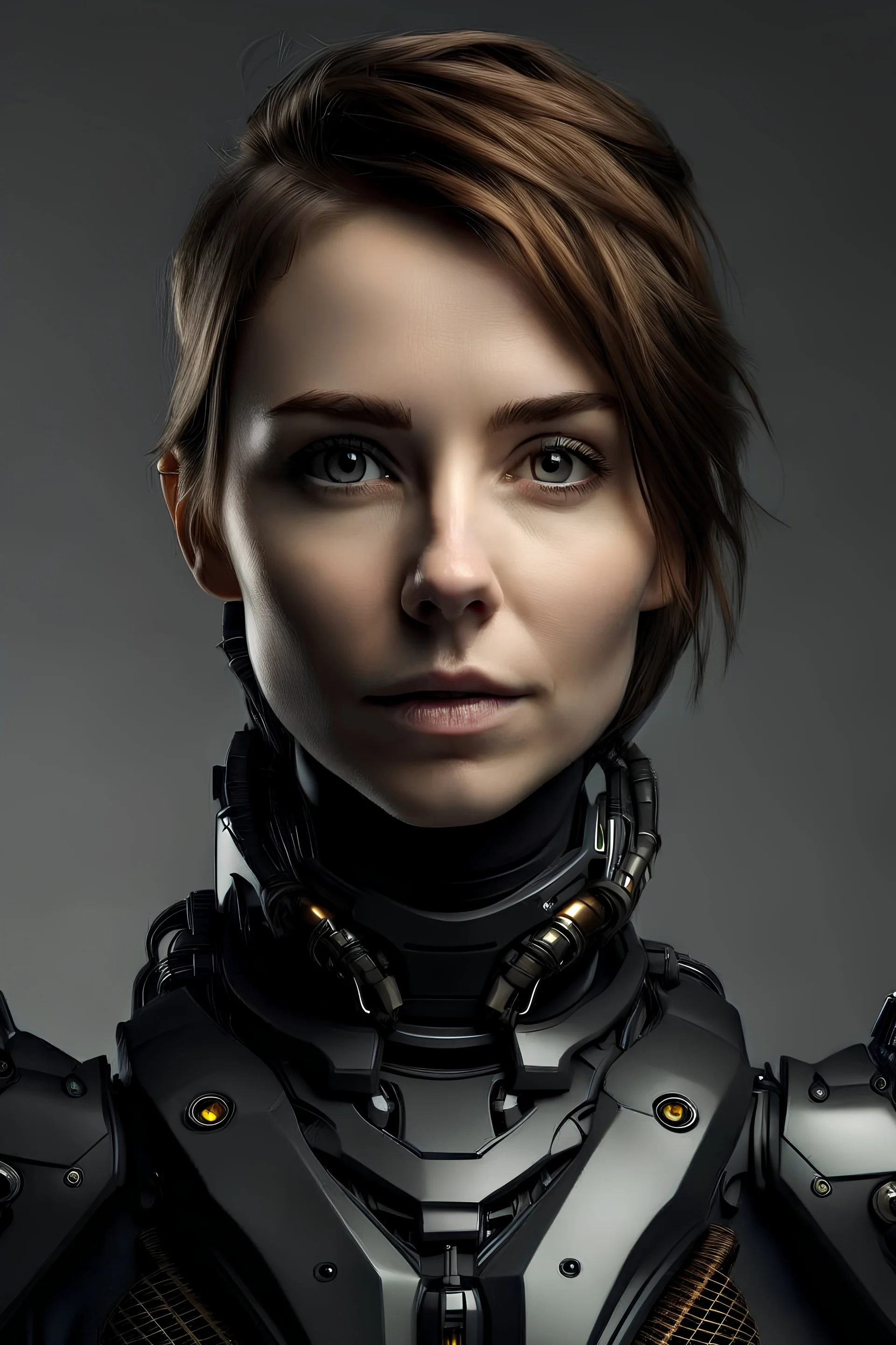 Portrait of a 25 year old sexy woman. Combat armor. Robotic neck and ear. Fierce eyes. Confident smile. Light background. Big eyes.