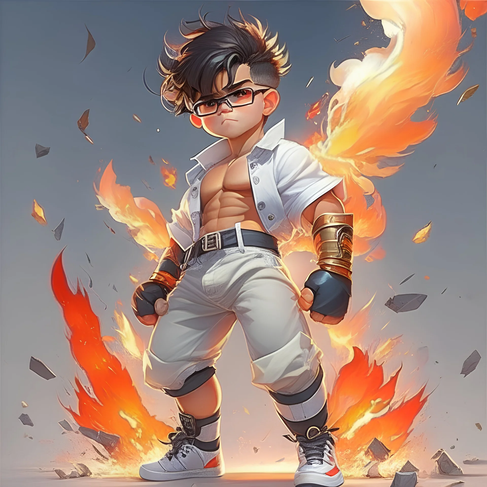 A child fighter with muscles, wearing a white undershirt, jeans torn from the knee, his shoes are white, he has steel gloves flaming with fire, he wears glasses, his skin color is black, and his pants are torn, high quality image, anime style