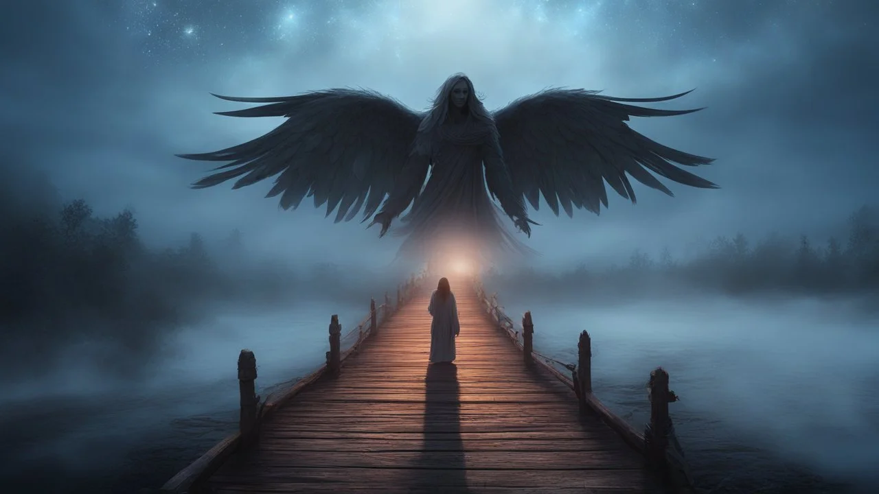 walking straight ahead over a wooden bridge, holding the angel of death with your right hand, entering the fog at the end of the road that leads to the afterlife, and a beautiful sunset and galaxy's behind the fog, realistic