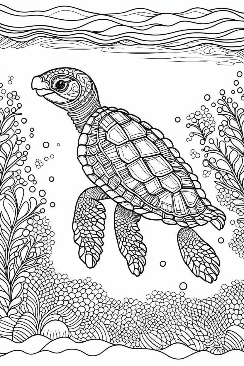 a sea turtle dive into the deep sea, clean line art, monochrome, for kids coloring book, white background