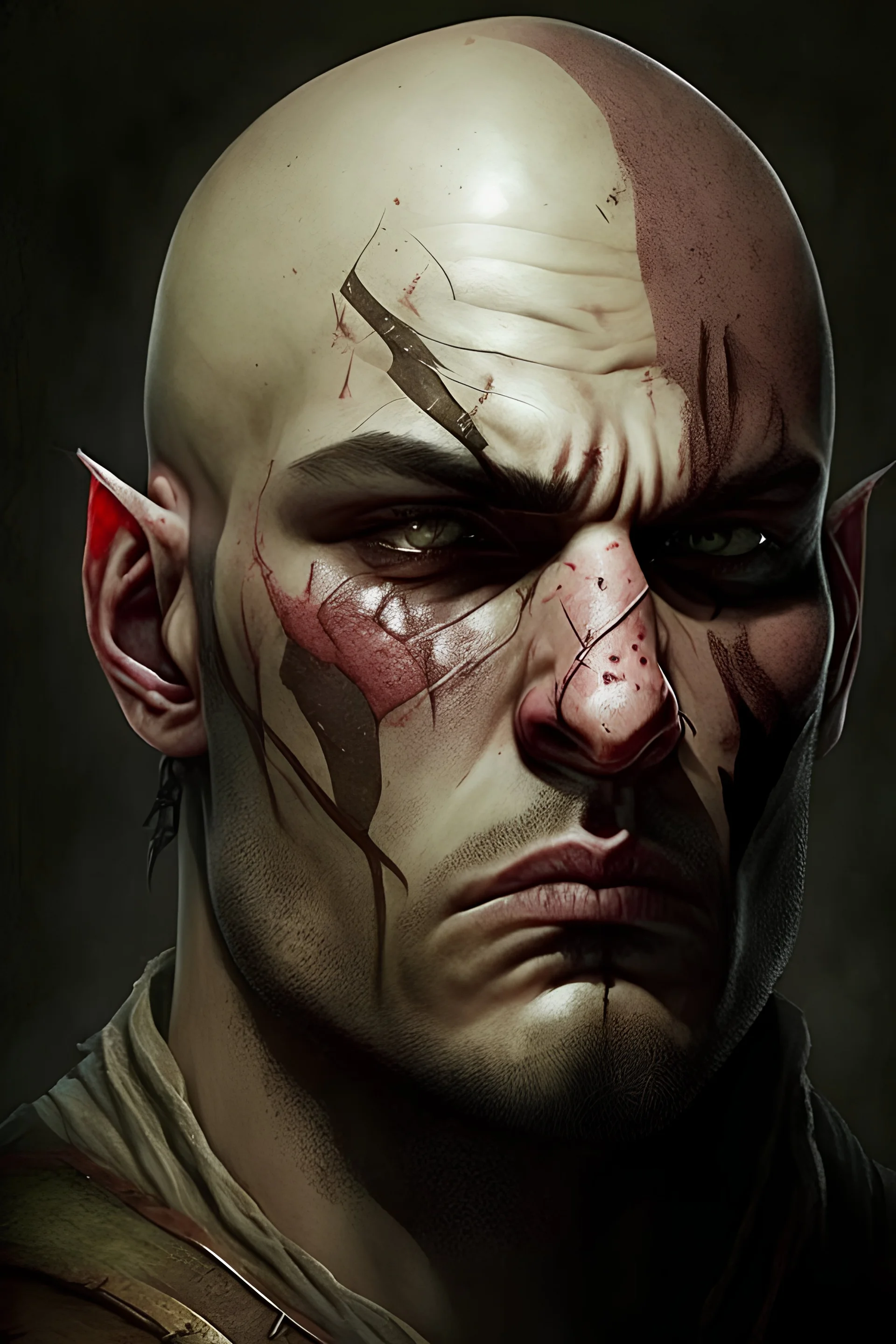 male, bandit, bald, fat, scar on the face, medieval, fantasy, dungeon and dragons inspire