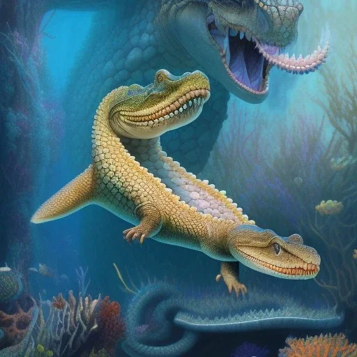 beautiful, stunning paleoart of serpentine eel with alligator head swimming underwater, coral reefs, plants, in the style of eleanor kish, davide bonadonna, julius csotony, fabio pastor, wide field of view, Masosaurus, photorealistic, illustrative, digital art, 8k resolution, detailed matte, painting, artwork, deviantart