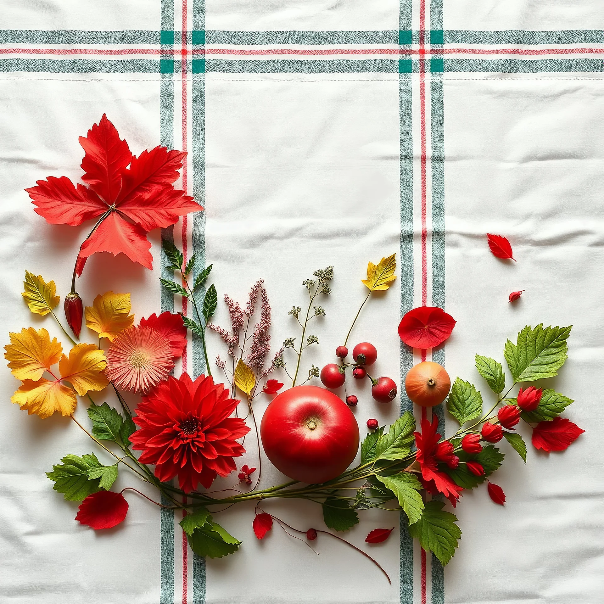 8k_3d_mondriaan painting style layout_nature mort of_various_red and green_coloured_things_lying_on_a_white plaid tablecloth_-_view_from_upwards