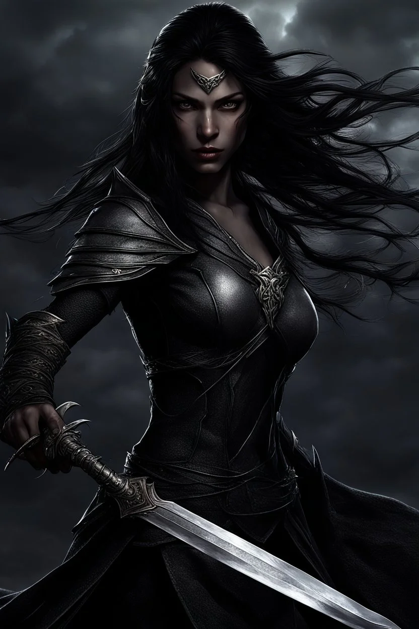 SA female elf with skin the color of storm clouds, deep grey, stands ready for battle. Her long black hair flows behind her like a shadow, while her eyes gleam with a fierce silver light. Despite the grim set of her mouth, there's a undeniable beauty in her fierce countenance. She's been in a fight, evidenced by the ragged state of her leather armor and the red cape that's seen better days, edges frayed and torn. In her hands, she grips two daggers, add dark shadow mystic purple flames