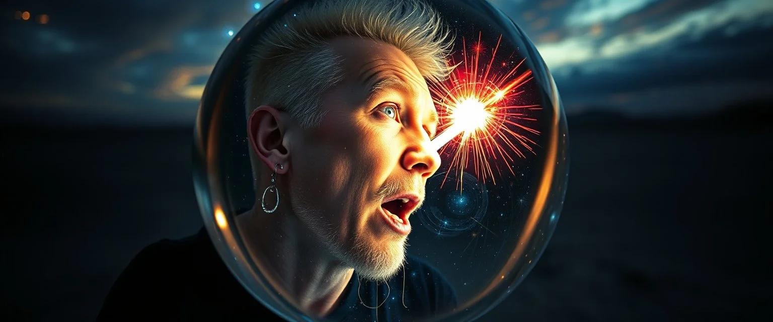 keith flint, pinhole pic into 4th dimension ,awake within a dream, portrait of ascended chakra tooth fairy blaster, master oil painting by Rembrandt, escape route from our dimensions, hidden even to the zebra worm hole inside crystal ball, with ear rings from saturn, looking like keith flint, rip