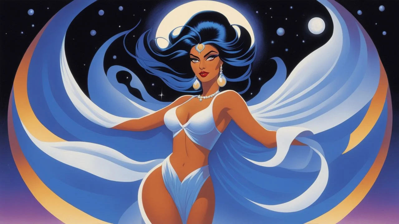 [art by Bruce Timm] With skin the color of moonlit pearls and eyes that shimmer like opals in the sun, the woman genie emerges from the bottle with a grace and majesty that speaks of eons spent in the realm of dreams. Her flowing silken robes, woven from threads of starlight and shadow, billow around her like ethereal wings, and her hair cascades in shimmering waves that catch the light in a dazzling display of otherworldly radiance.