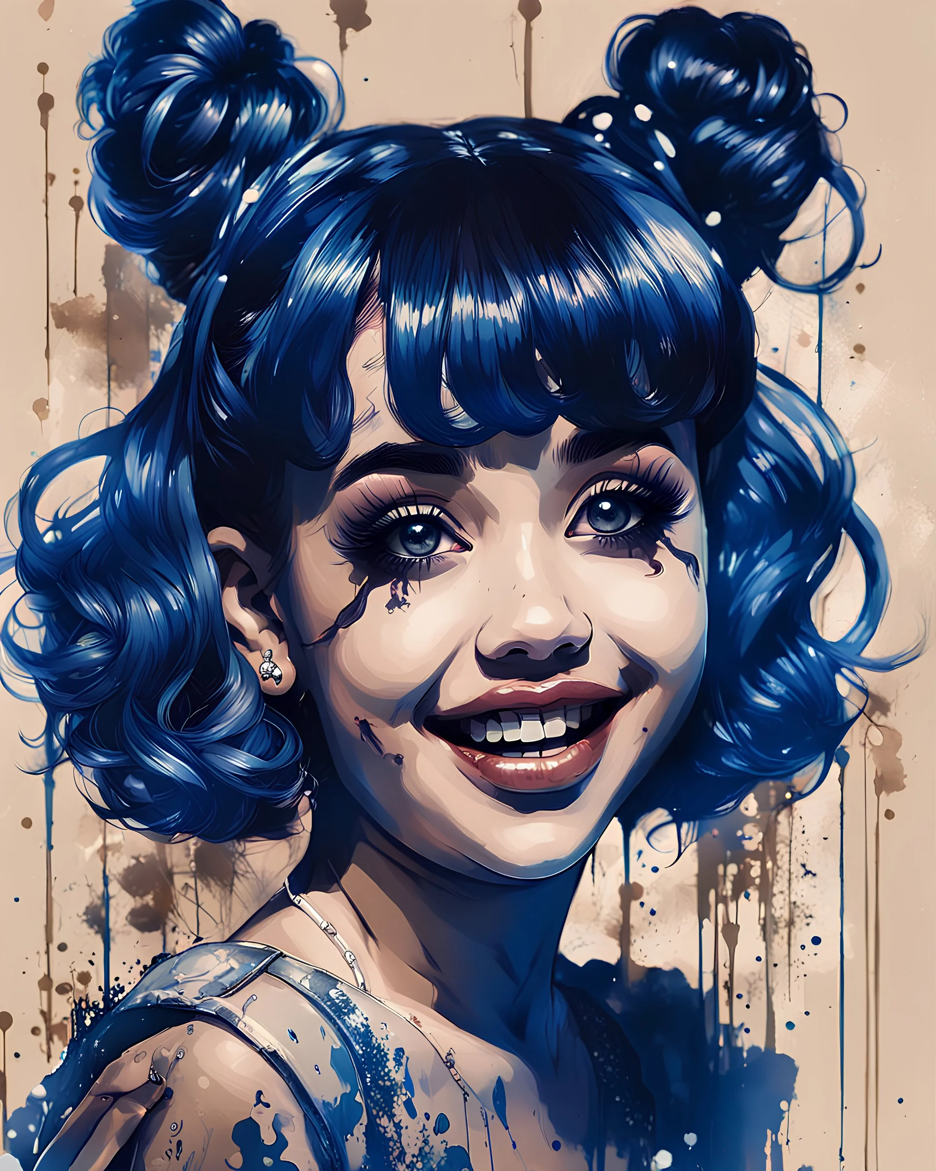 Poster in two gradually, a one side the Singer Melanie Martinez face smiling, full body, painting by Yoji Shinkawa, darkblue and sepia tones,sinister, detailed iridescent, metallic, translucent, dramatic lighting, hyper futuristic, digital art, shot with Sony Alpha a9 Il and Sony FE 200-600mm f/5.6-6.3 G OSS lens, natural light, hyper realistic photograph, ultra detailed -ar 3:2 -q 2 -s 750,malevolent goth vampire girl face and other side