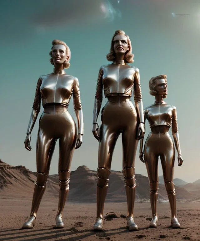 Ultra Realistic retro sci-fi movie scene, 1960 year, waist up view portrait, 3 clones blonde women, sweet young uma Thurman face, perfect iris, glow eyes, face makeup. Mars and martians background, Retro sci-fi style, helmet, tight latex coat, fog, rain, soft color, highly detailed, unreal engine 5, ray tracing, RTX, lumen lighting, ultra detail, volumetric lighting, 3d, finely drawn, high definition, high resolution.