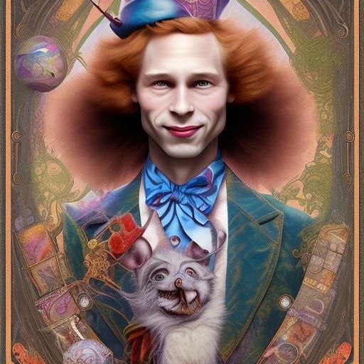 "Mad Hatter" book young man character of "Alice in the wonderland", elegant,sarcastic smile, by Disney,Chie Yoshii,alphonse mucha,earnst haeckel,james jean.