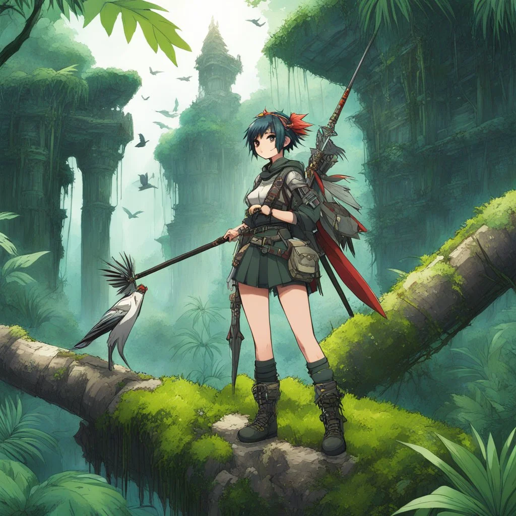 funky manga art of fashion, punkrock, future illustration: Anime girl in jungle with spear and bird companion] A fearless anime girl equipped with survival gear, standing on a moss-covered log in a dense jungle. She wields a spear and is accompanied by a perched bird, surrounded by the ruins of ancient architecture. This scene captures adventure and determination amidst lush greenery.