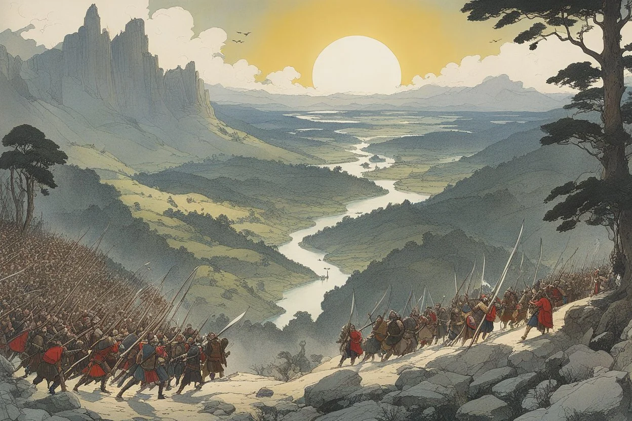 [art by W. Heath Robinson] An epic battle scene with warriors clashing swords in a sunlit valley, surrounded by lush forests. In the background, a massive tarn descends from the sky, adding to the chaos