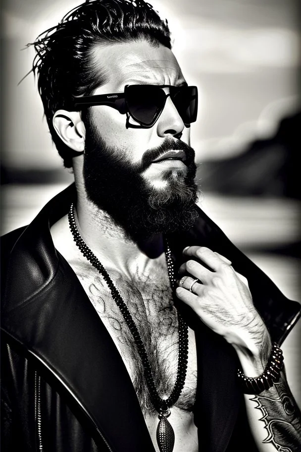 Artistic photo in the audacius style of Jill Greenberg, of man with a luxurious and striking style, abundance of jewelry, oversized sunglasses, neat black beard, prints, desafiant, extravagant, barroque scene , impasto style with thick texture