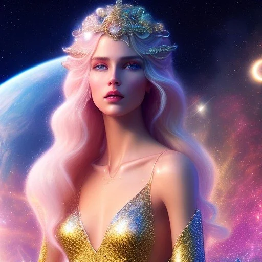  full body white goddess woman glitter smiling long blond hair blue eyes in a galactic ambiance, delicate colors in the foreground, full of details, smooth, light effect，vaporwave colorful, smooth, extremely sharp detail, finely tuned detail, ultra high definition, 8 k, ultra sharp focus