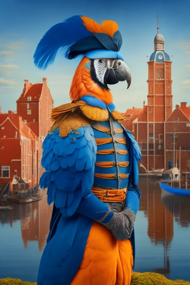 Half parrot half human in a 1700s Orange Dutch uniform next to a Dutch city with blue feathers