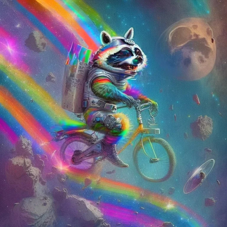 A raccoon astronaut riding a rainbow bike on a mission to gather space trash, jumping over asteroids as he goes.