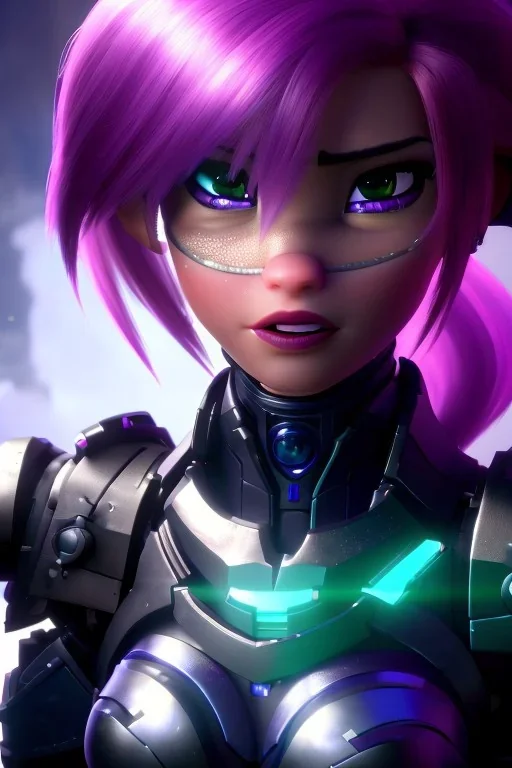 a beautiful full frame portrait digital painting of futuristic animepunk robot, wide angle view, close-up, macro lens, centered camera, titanium accents, intricate details, small minutiae, tiny features, purple hair, green eyes. particulars, colorful, 8k, least ambient occlusion, volumetric lighting, volumetric clouds