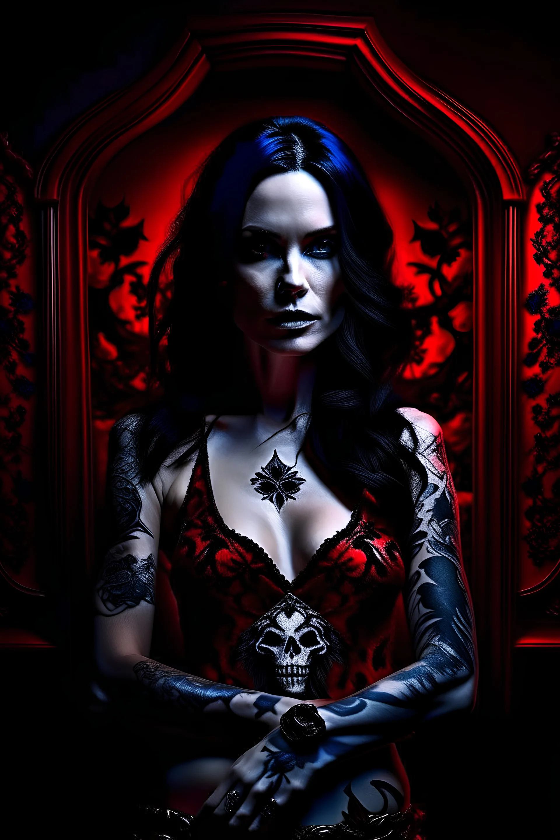 pretty woman, 40 years old, good body, big bub, nice long black haired, red make-up, intense look, little smile, black vinil costume, darkness background, into a very dark house room, poor light, mid light, no lights, tatoos, alone in the dark, bones and skulls, matte illustration, intrincate details, view front angle, close up face.