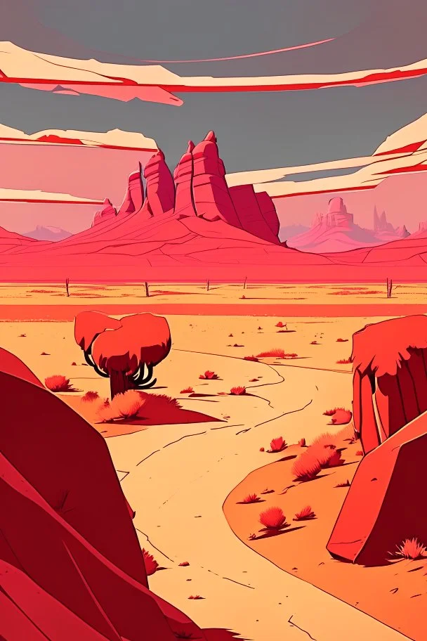 a simple red blooded desert valley cel shading anime style