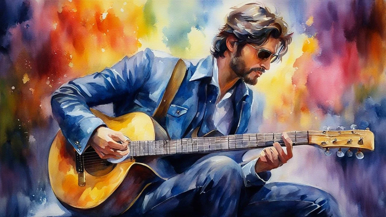 watercolor, impressionism, oil painting with alcohol, portrait of a handsome man playing a guitar, 32k resolution, hyper-detailed, fine details, fine rendering, airbrush strokes, concept art with 8k resolution, hyper-detailed, complex detail